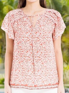 Max Studio Women’s Coral Floral Tie-Front Flutter Sleeve Top